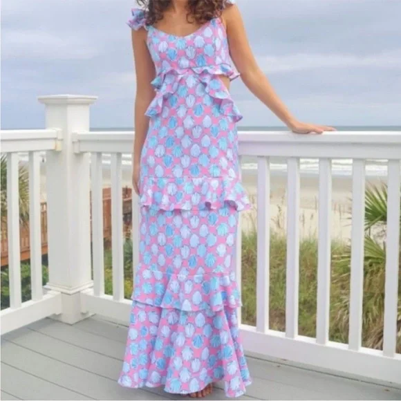 Simply Southern Ruffled Shell Print Maxi Dress in Pink & Light Blue XXL NWT - Picture 1 of 3